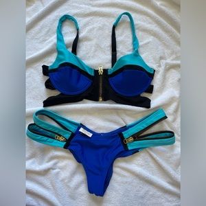Beach Bunny Swimwear Zipper Bikini Cheeky Blue Colorblock